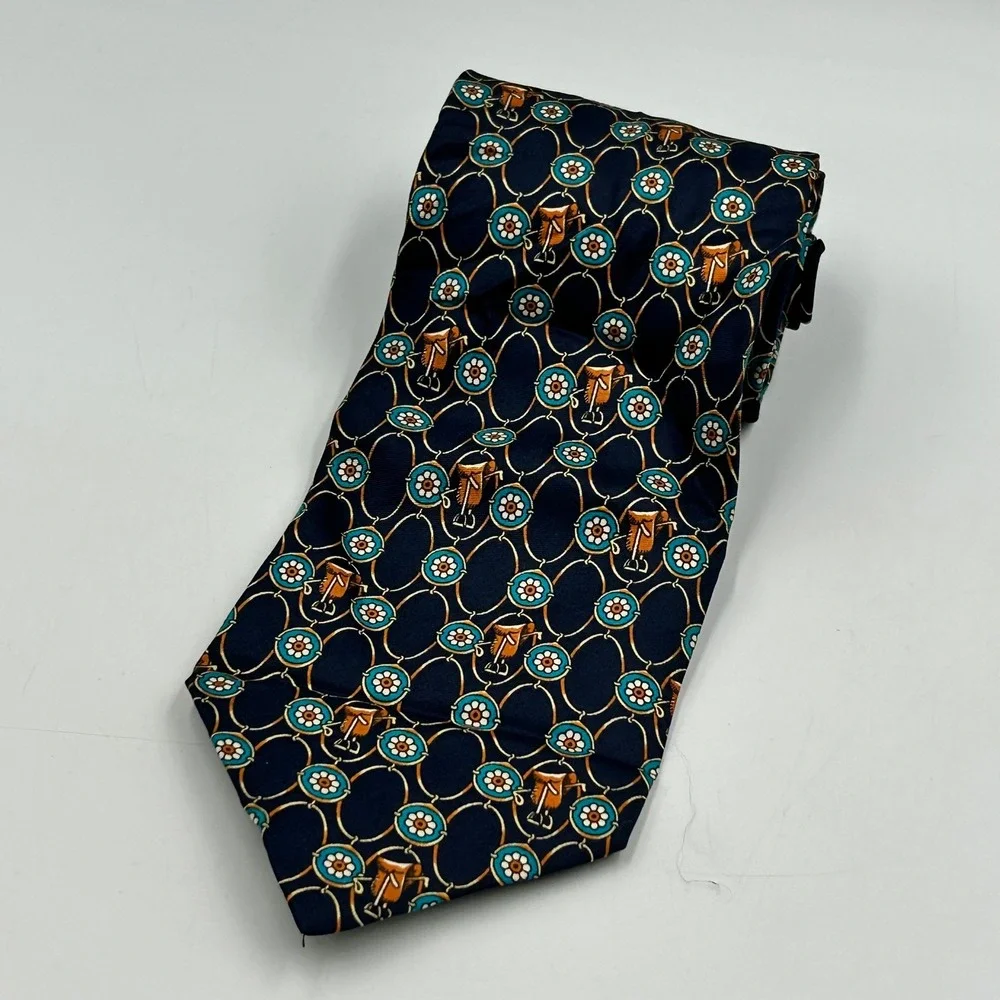A. D'Este Italy Mens Silk Tie Navy Blue Equestrian‎ Saddle Chain Link Floral EUC